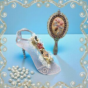 Vintage Beaded High Heel Shoe Rhinestone Mirror Ornament Old Hollywood Style